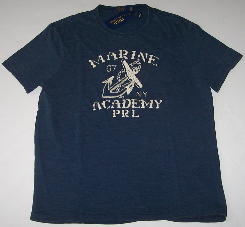 NWT Polo Ralph Lauren Indigo Blue EMBROIDERD MARINE ACADEMY PRL Tee Shirt Men L