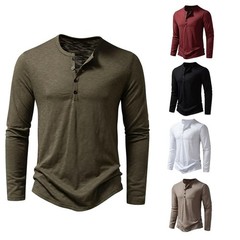 Men’s Autumn Cotton Henley Neck T-Shirt, Long Sleeve, Casual Slim Fit