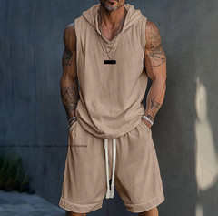 Summer Men Workout Hooded Sleeveless Tops and Shorts set Training Casual Outfits