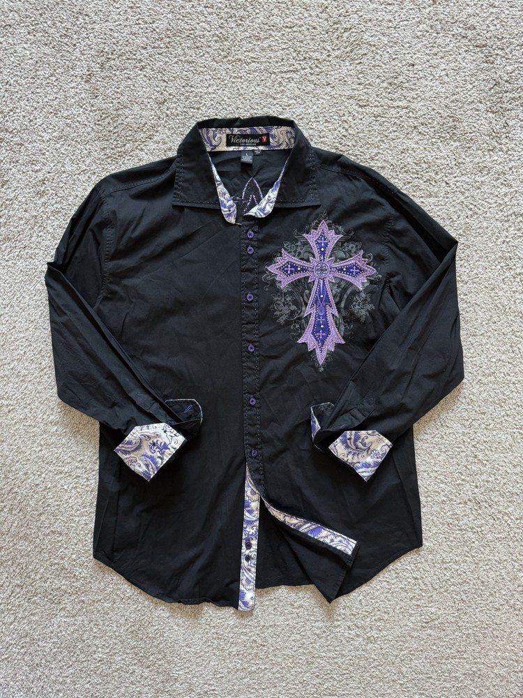 Victorious Los Angeles Men’s L Black Purple Cross Embroidered Shirt Gothic Y2K