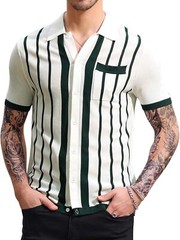 Mens Vintage Striped Knitted Polo Shirt Short Sleeve Button Down Golf Casual Top