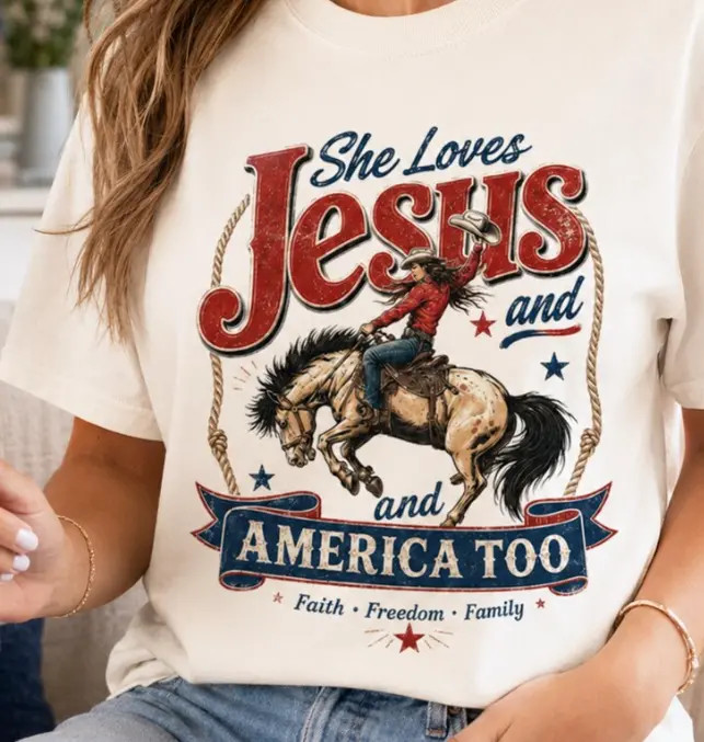 She Loves Jesus and America Too Shirt, Christian Cowgirl Patriotic Family Tees