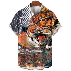 Mens Button Down Japanese Tiger Skull Print Hawaiian Top Novelty Summer Shirt