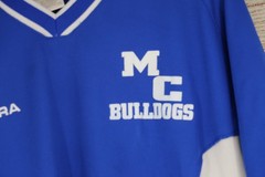 VINTAGE Diadora Mens Sz Medium V-Neck Short Sleeve Jersey Shirt Blue Bulldogs