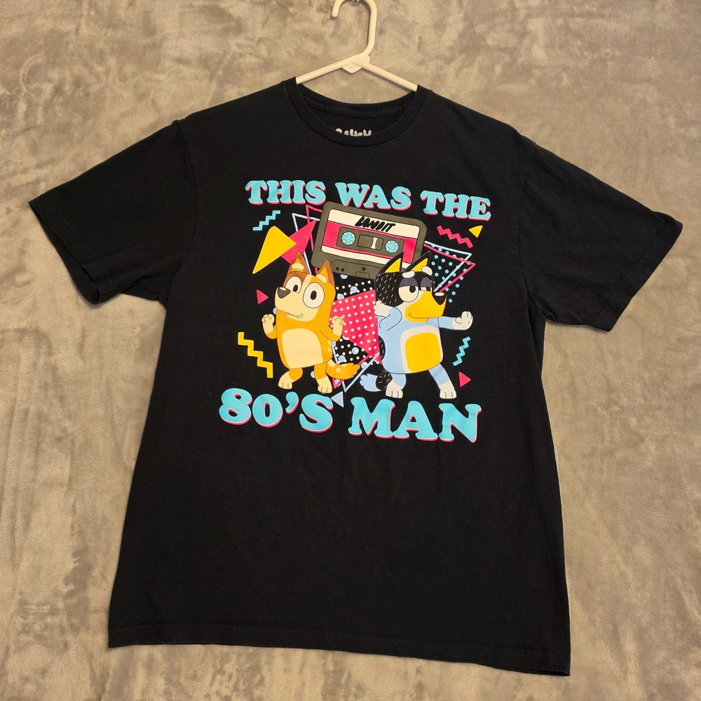 Bluey T Shirt Mens Medium 80s Retro Graphic Tee Black Cartoon Bingo Bandit