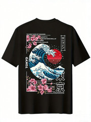 Tokyo Great Wave Off Kanagawa T-Shirt Japanese Art Sakura Graphic Tee，Back Print
