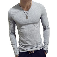 Men T Shirt Long Sleeve Slim Fit Solid Color Round Neck V Neck Cotton Top