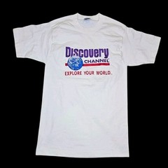 Retro Discovery Channel Embroidered T-shirt Shirt White Sz Small TALL Retro 90s