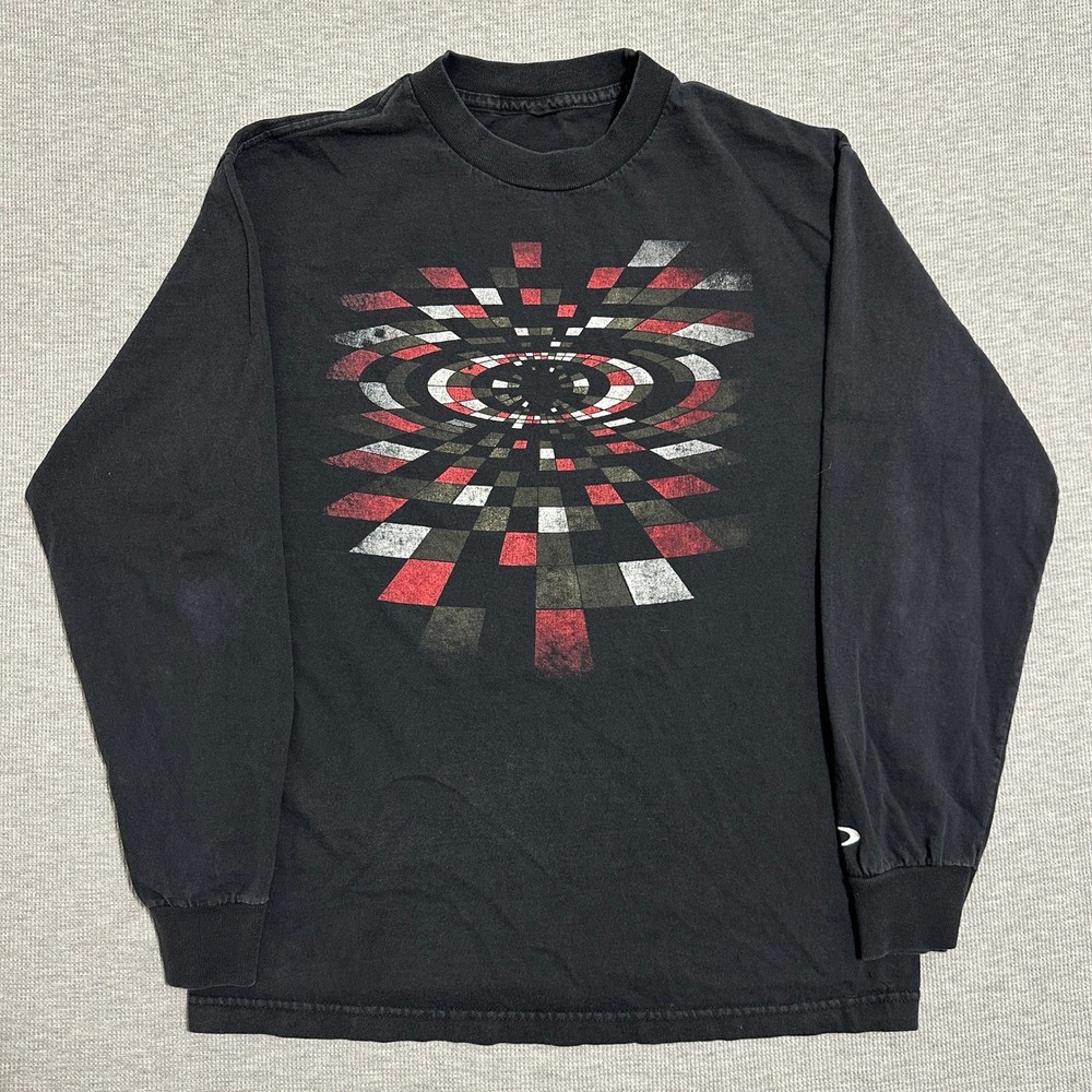 Oakley Y2K Checkerboard Vortex Spiral Graphic Long Sleeve Tee Faded Black Small
