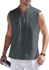 Men Cotton Linen Tank Top Sleeveless Lace Up Shirt Bohemian Beach Casual Tunic