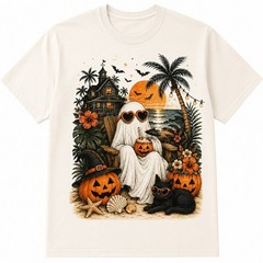 Coastal Halloween Ghost Shirt Black Cat Pumpkin Beach Graphic Tee Fall Gift