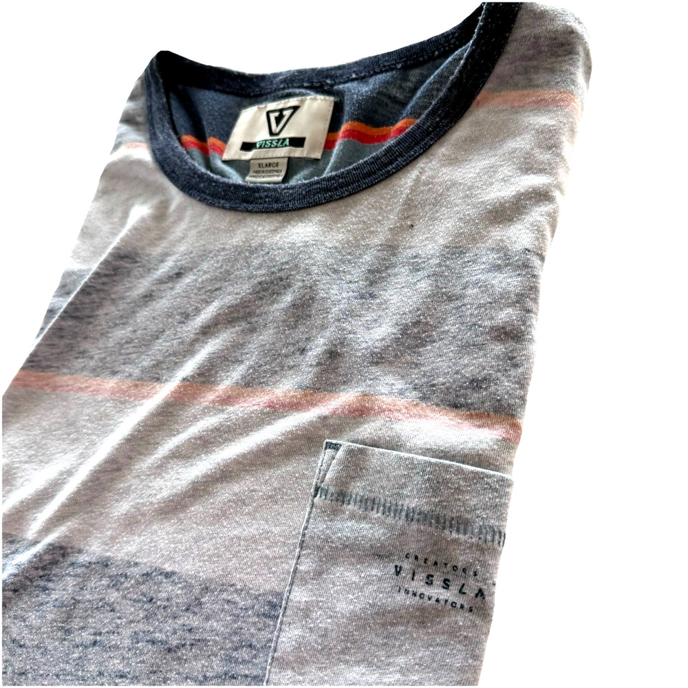 Vissla T Shirt Mens XL Gray Blue Stripe Short Sleeve Measures Medium Stretch