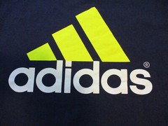 Vintage Adidas Shirt Mens XL Blue Yellow Triangle Logo Three Stipe Spell Out