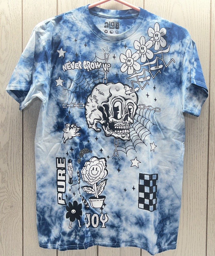 ALAB Never Grow Up Tie Dye Collage Men’s L Graphic T-Shirt NWOT