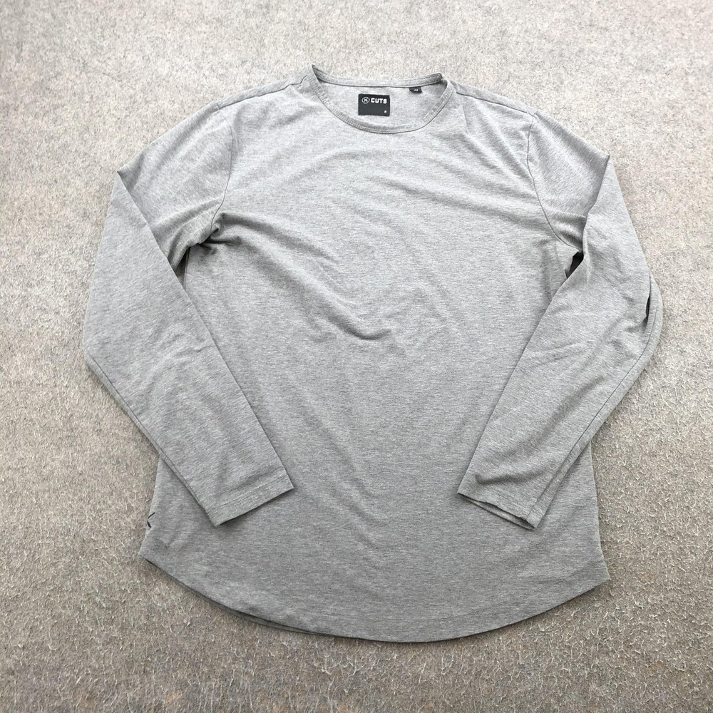 Cuts Shirt Mens Medium Gray Long Sleeve Curve Hem Crewneck Tee Solid Casual Top