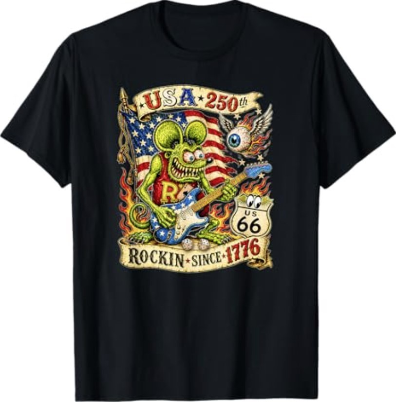 USA 250th Rat Fink US Highway 66 Guitar Flag Dice Ace Retro T-Shirt