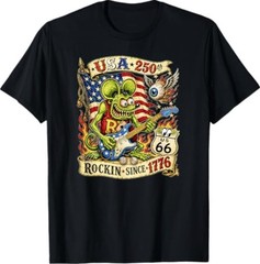 USA 250th Rat Fink US Highway 66 Guitar Flag Dice Ace Retro T-Shirt