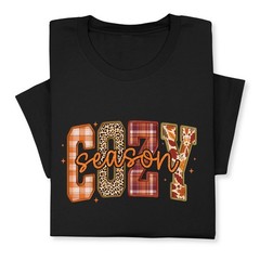 Cozy Season Fall T-Shirt – Autumn Plaid & Leopard Patchwork Tee