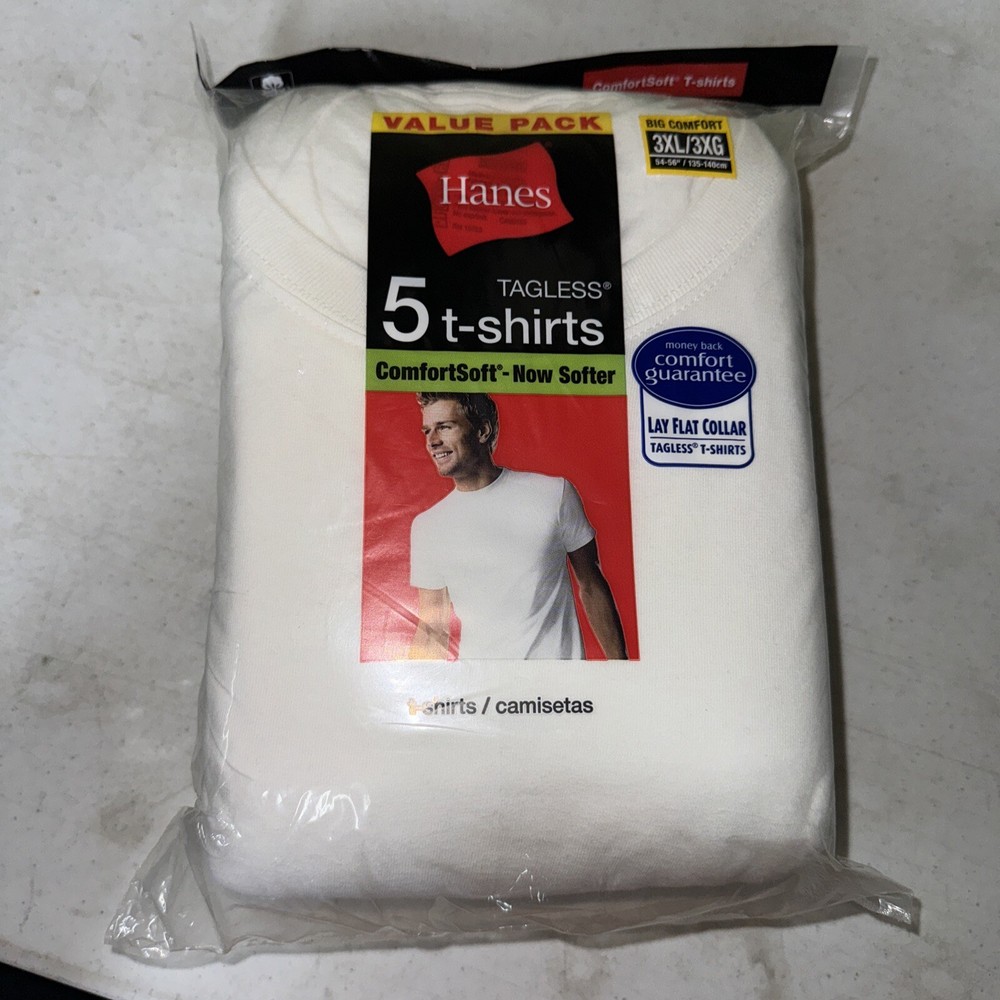 Hanes TAGLESS 5 t-shirts Lay flat Collar White