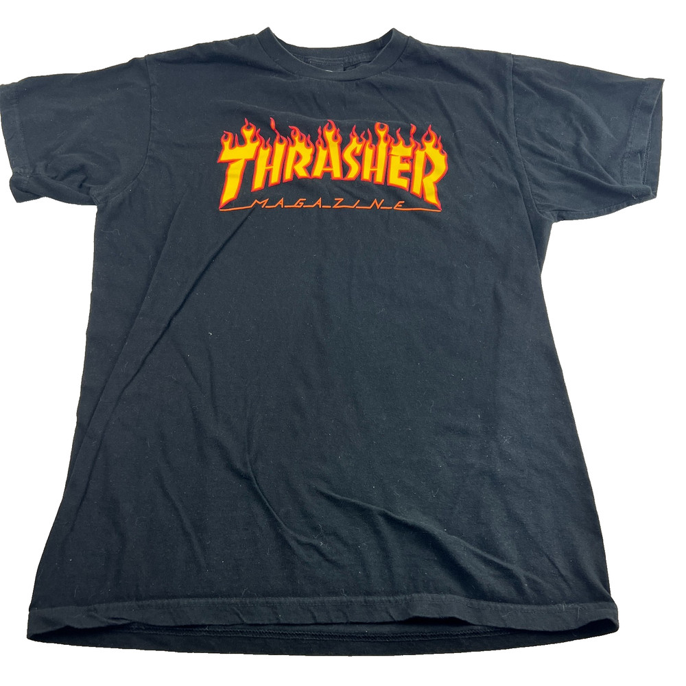 Thrasher Magazine Flame Logo T Shirt Men’s Med (39″) Black Skateboard Tee Spots