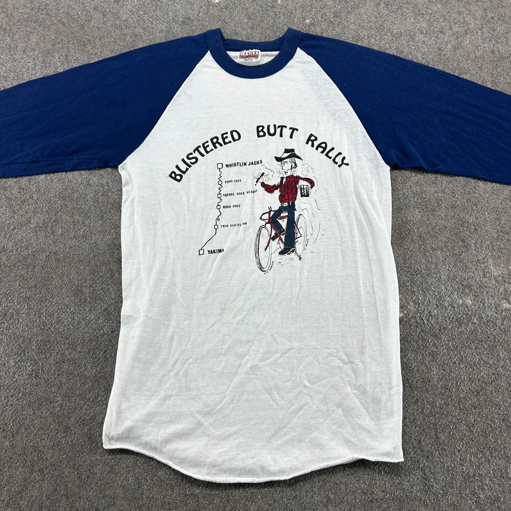 VINTAGE Western Graphic Shirt Mens M White Raglan Cycling Blistered Buff Rally