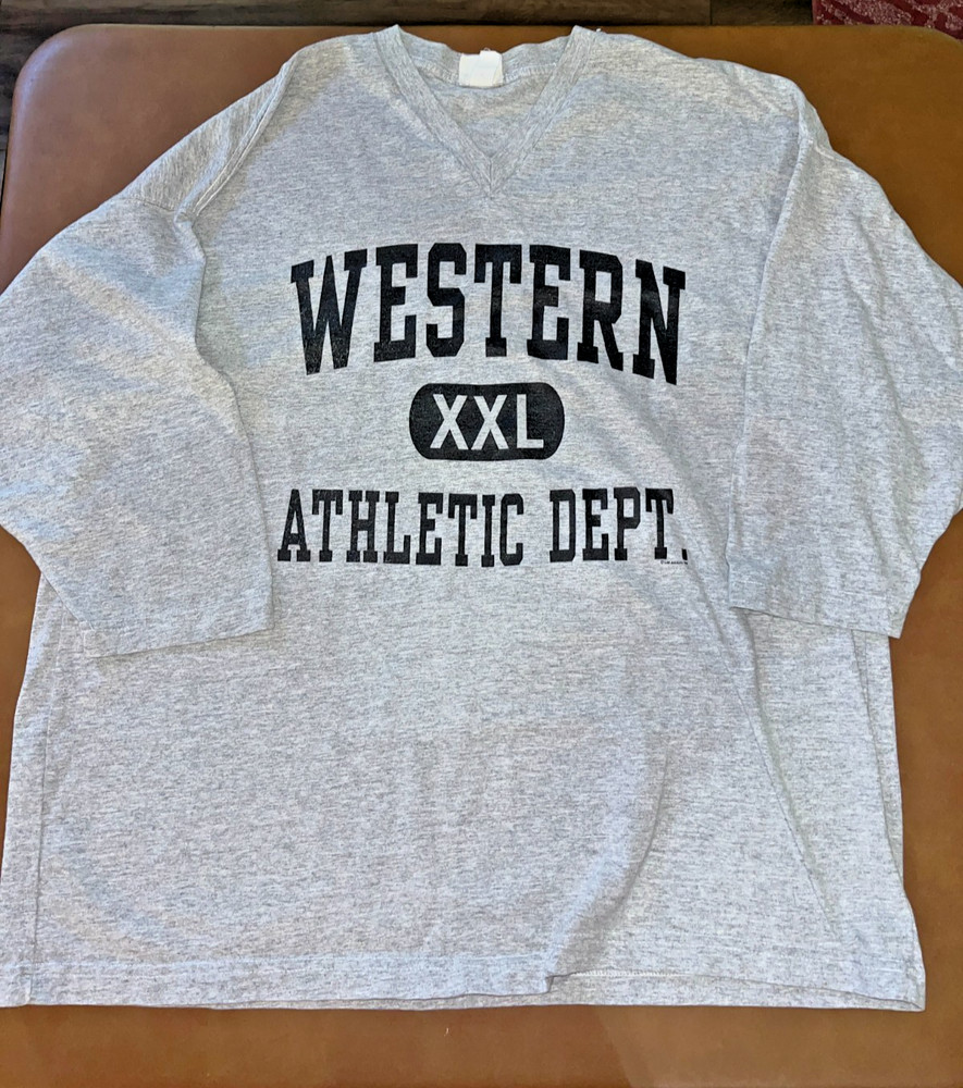 VINTAGE WESTERN XXL ATHLETIC DEPT. HALF SLEEVE T-SHIRT Grey V-Neck College WIU