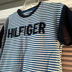 Vintage Tommy Hilfiger XL Blue/White Striped Logo Crew Neck Cotton T-Shirt