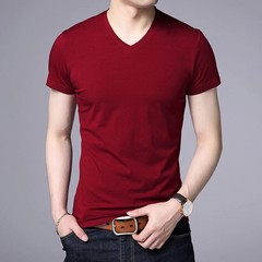 2025 Summer Brand Tops 95% Cotton 5% Spandex t Shirt For Men v Neck Plain Solid