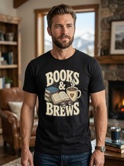 Books & Brews Book Lover T-Shirt Reading Coffee Lover Graphic Tee