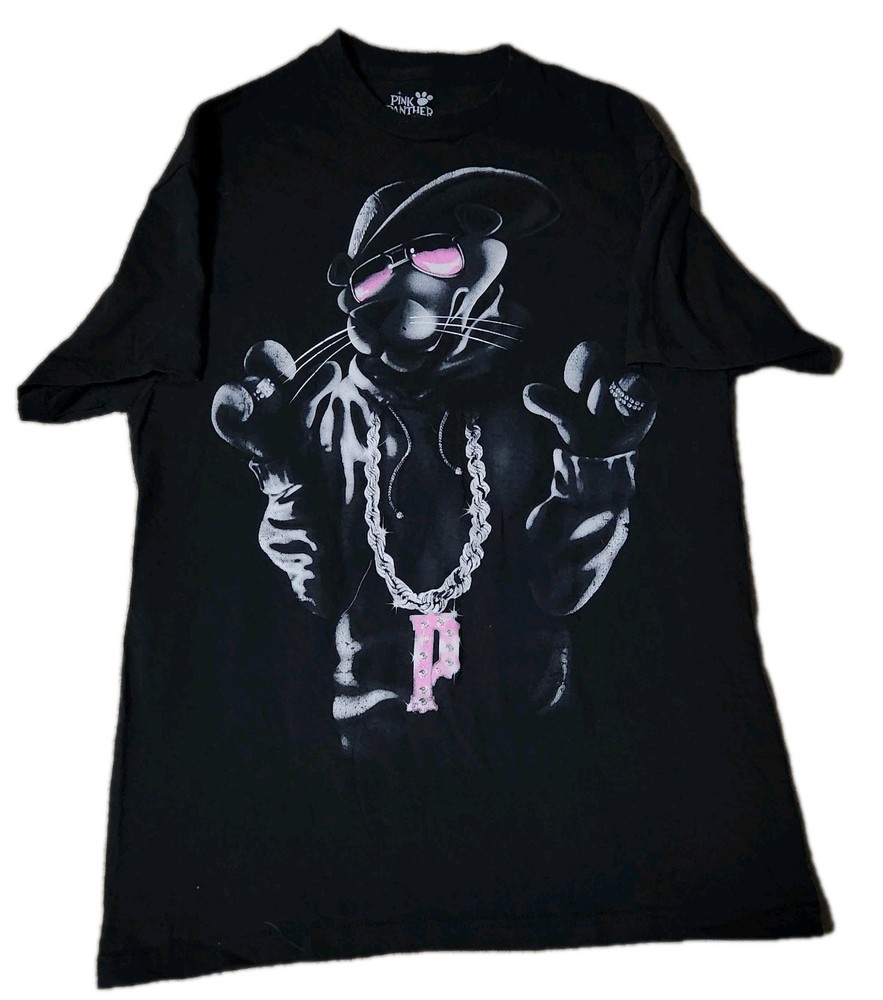 🔥 Pink Panther Shirt Mens Medium Black Crew Neck 28×19 Graphic