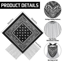 2 Pcs Disco Fringed Bandana Cowgirl Rhinestone Fringe Paisley Scarf Wedding B…