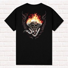 Biker style T-Shirt. Skeleton on a Burning Motorcycle.
