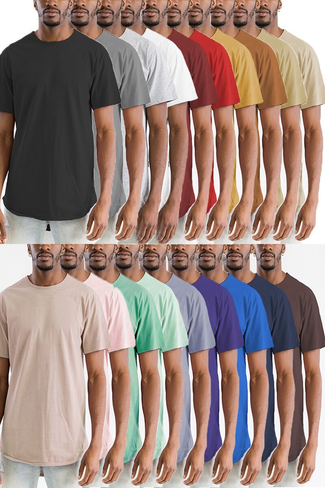 Mens Cotton Plain Essential Basic Scoop Extended Tee Scallop Tshirt