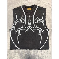 Unknown London Muscle Tee Mens L Black Tribal Graphic Y2K Streetwear Tank Top