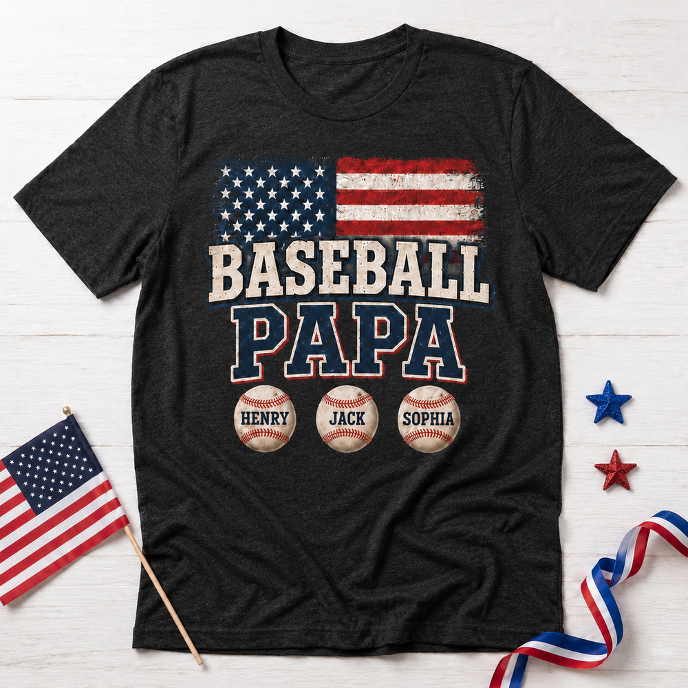 Custom Baseball Papa Shirt, Personalized Vintage American Flag Papa Tee