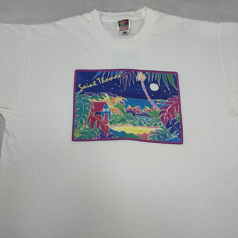 Vintage Saint Thomas Shirt Mens XL White Tropical Graphic Fruit Of The Loom 90s