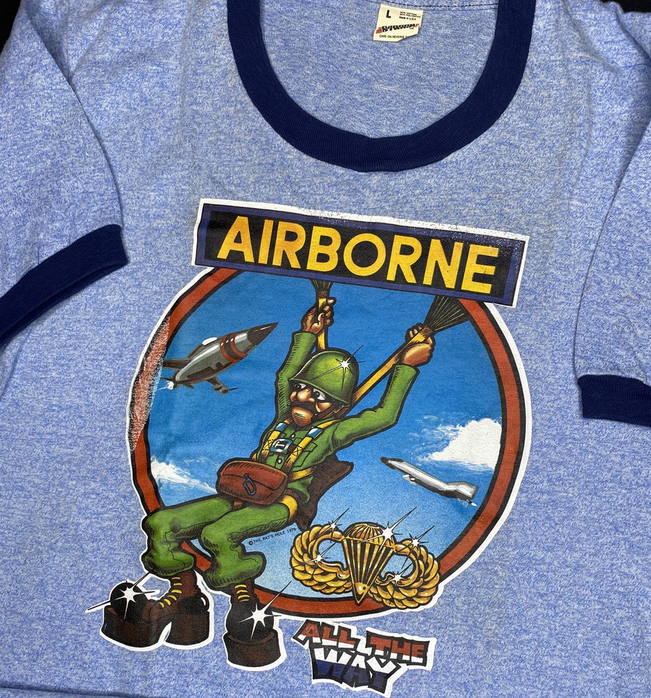 Vintage Airborne T-Shirt L Parachute Army Ranger 70’s The Rats Hole Screen Stars