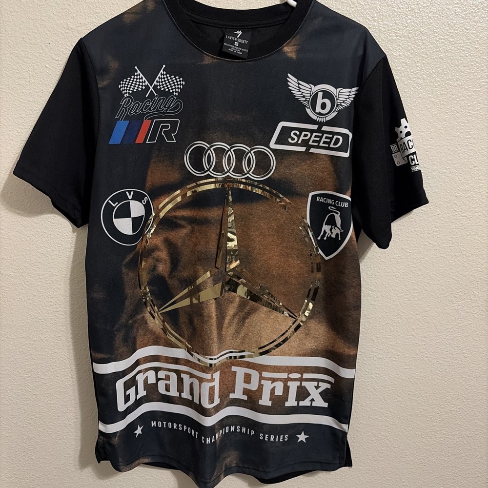Lavish Society Men’s Metallic Foil Print Red Racing Grand Prix Jersey T-Shirt