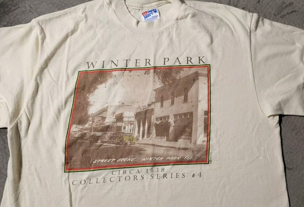 WINTER PARK Street Scene Circa 1938 Collectors Series #4 Beige T-shirt, Sz L