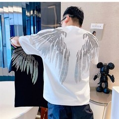 Fashion Men Trend Wings Drills Rhinestone Diamond Summer Luxury Cotton T-Shirt