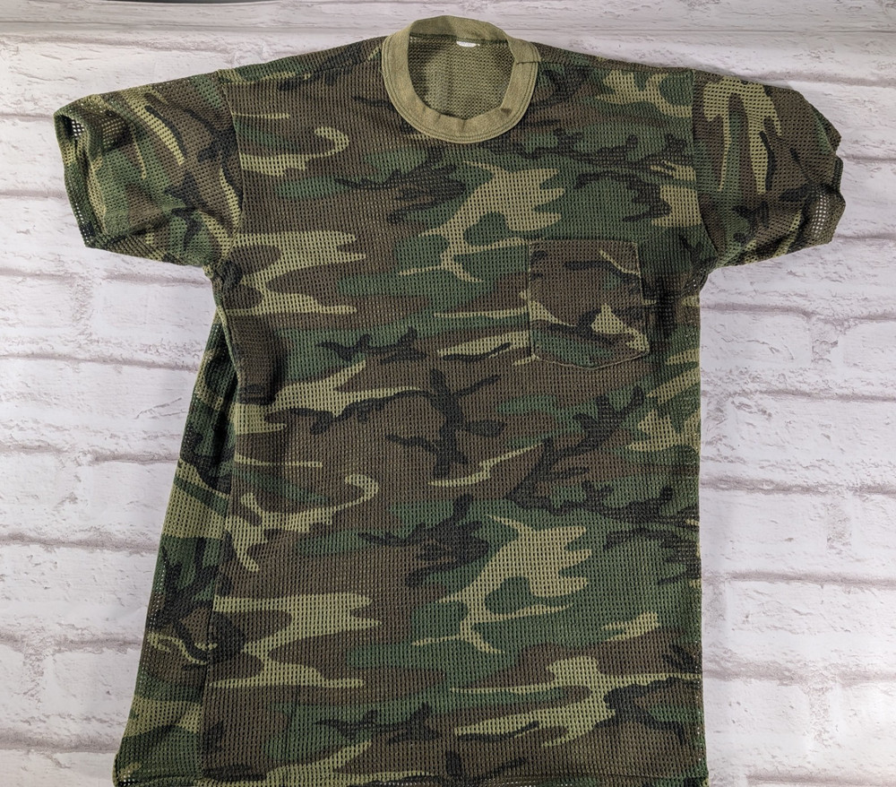 Vintage Camo Mesh Shirt Men M L Fishnet Waffle Grid Open Weave Woodland Tactical