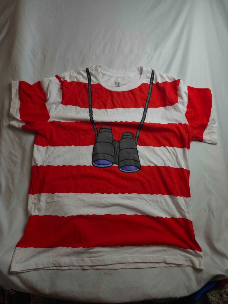 Where’s Waldo Binoculars Costume Shirt Mens XL Striped DreamWorks Nerdy Kidcore