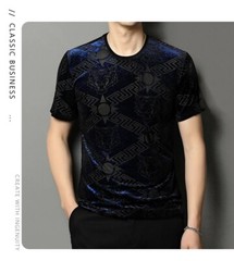 New Men Fashion Bronzing Flocking Trend Silky Velvet Summer Short Sleeve T-Shirt