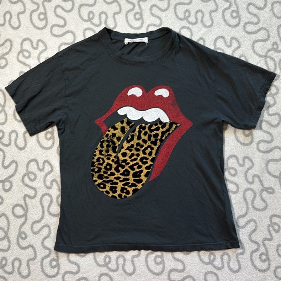 Daydreamer Rolling Stones Leopard Tongue Graphic Tee Black XS Cotton Modal
