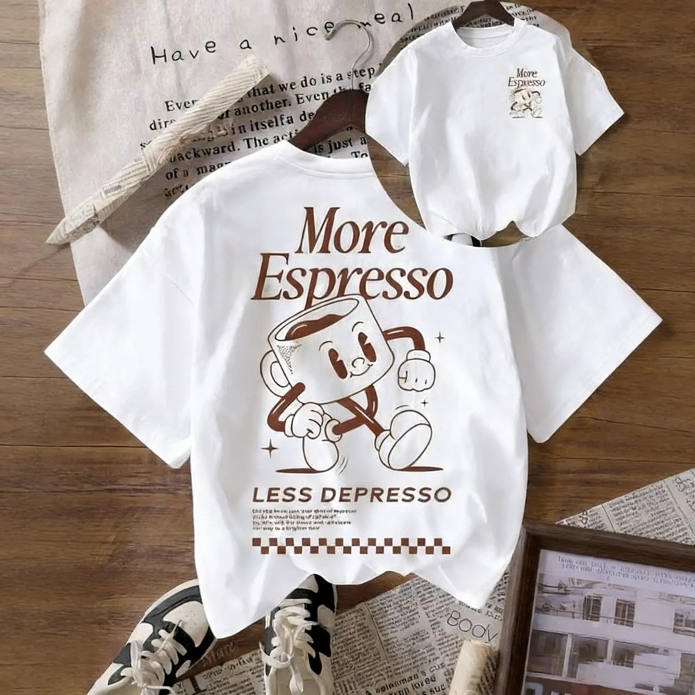 Vintage More Espresso Coffee Club Graphic Short Sleeve Round Neck Casual T-Shirt