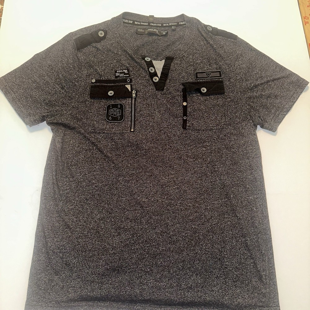 PROJEK RAW Mens M Urban Tactical Style Henley Shirt Heather Gray Zip Utility Y2K