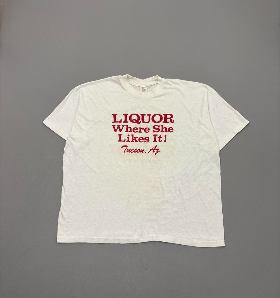 Vintage 70s Liquor Where She Likes It Shirt White Humor Bar Tee True XL