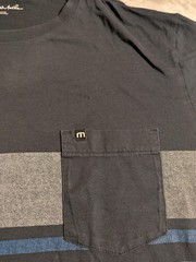 TravisMathew Shirt Mens Large Gray Blue Striped Pocket Tee Casual Golf Crewneck