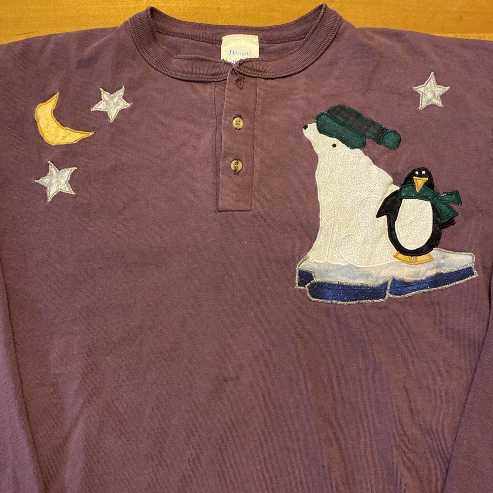 Vintage Men’s Henley Size XL Winter Scene Design Polar Bear Penguin See Pics
