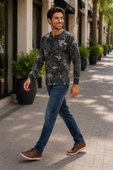 BONOBOS Henley Shirt Men XL Long Sleeve Tropic Floral Resort Weekend Casual Gray